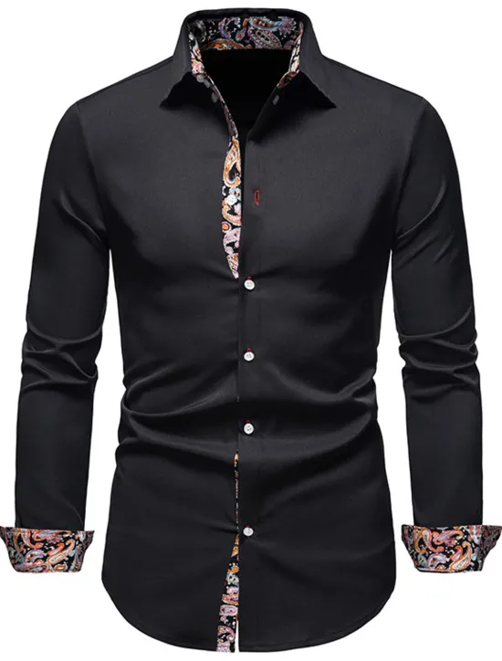 OUKU Men's Dress Shirt Collared Shirt Button Up Shirt Abstract Wedding Daily Black White Wine Navy Blue Long Sleeve Clothing Apparel