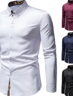 OUKU Men's Dress Shirt Collared Shirt Button Up Shirt Abstract Wedding Daily Black White Wine Navy Blue Long Sleeve Clothing Apparel