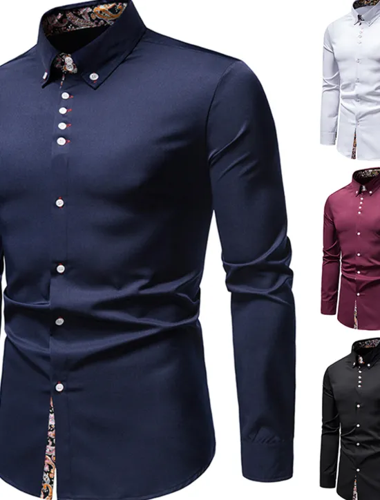 OUKU Men's Dress Shirt Collared Shirt Button Up Shirt Abstract Wedding Daily Black White Wine Navy Blue Long Sleeve Clothing Apparel