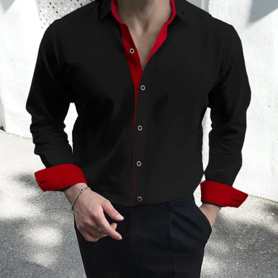 OUKU Men's Dress Shirt Collared Shirt Button Up Shirt Plain Wedding Valentine's Day Black White Red Navy Blue Long Sleeve Collar Summer Spring Clothing Apparel Patchwork