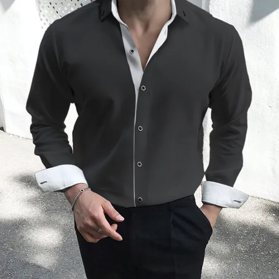 OUKU Men's Dress Shirt Collared Shirt Button Up Shirt Plain Wedding Valentine's Day Black White Red Navy Blue Long Sleeve Collar Summer Spring Clothing Apparel Patchwork