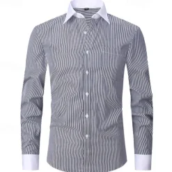 Outlet OUKU Men's Dress Shirt French Cuff Shirt Collared Shirt Striped Wedding Work Maroon Light Blue Black Blue Long Sleeve Turndown Spring, Fall, Winter, Summer Clothing Apparel Button-Down