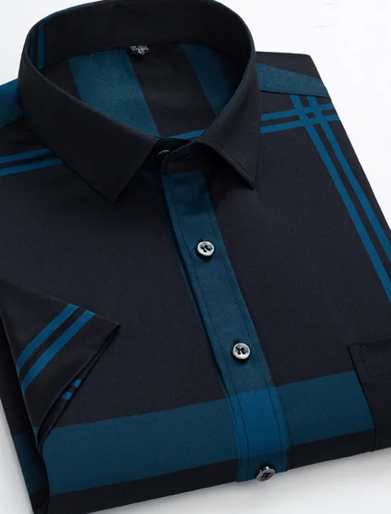 OUKU Men's Dress Shirt Non Iron Shirt Plaid / Striped / Chevron / Round Wedding Office & Career Black White Wine Dark Navy Short Sleeve Shirt Collar Spring & Summer Clothing Apparel Cross