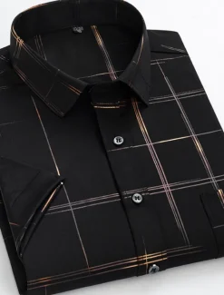 OUKU Men's Dress Shirt Non Iron Shirt Plaid / Striped / Chevron / Round Wedding Office & Career Black White Wine Dark Navy Short Sleeve Shirt Collar Spring & Summer Clothing Apparel Cross