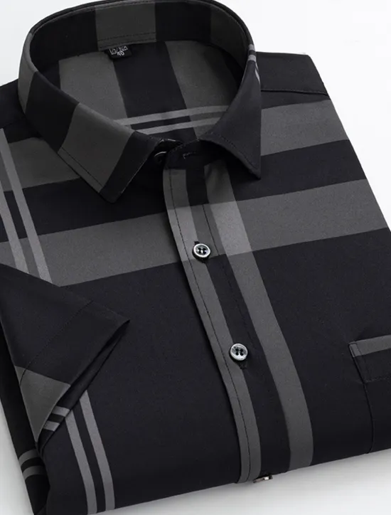 OUKU Men's Dress Shirt Non Iron Shirt Plaid / Striped / Chevron / Round Wedding Office & Career Black White Wine Dark Navy Short Sleeve Shirt Collar Spring & Summer Clothing Apparel Cross
