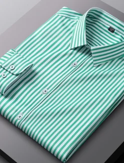 Sale OUKU Men's Dress Shirt Non Iron Shirt Stripe Wedding Vacation Black Light Green Red Royal Blue Long Sleeve Turndown All Seasons Clothing Apparel Button-Down