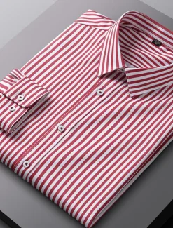 Sale OUKU Men's Dress Shirt Non Iron Shirt Stripe Wedding Vacation Black Light Green Red Royal Blue Long Sleeve Turndown All Seasons Clothing Apparel Button-Down