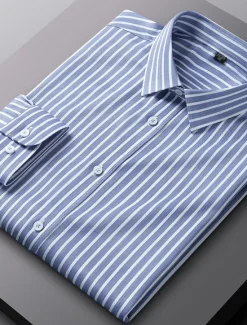 Sale OUKU Men's Dress Shirt Non Iron Shirt Stripe Wedding Vacation Black Light Green Red Royal Blue Long Sleeve Turndown All Seasons Clothing Apparel Button-Down