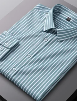 Sale OUKU Men's Dress Shirt Non Iron Shirt Stripe Wedding Vacation Black Light Green Red Royal Blue Long Sleeve Turndown All Seasons Clothing Apparel Button-Down