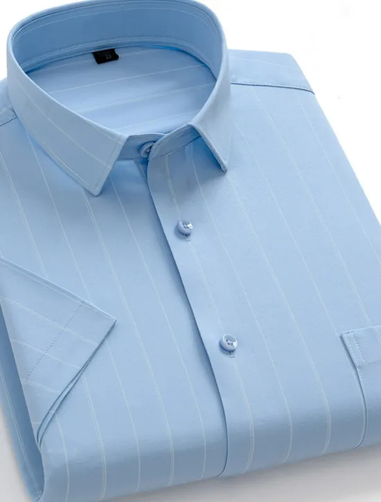Sale OUKU Men's Dress Shirt Non Iron Shirt Stripes and Plaid Wedding Office & Career Light Blue Light Green Pink Navy Blue Short Sleeve Turndown All Seasons Clothing Apparel