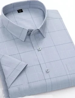 Sale OUKU Men's Dress Shirt Non Iron Shirt Stripes and Plaid Wedding Office & Career Light Blue Light Green Pink Navy Blue Short Sleeve Turndown All Seasons Clothing Apparel