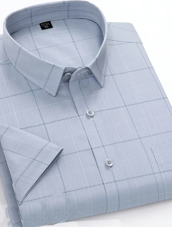 Sale OUKU Men's Dress Shirt Non Iron Shirt Stripes and Plaid Wedding Office & Career Light Blue Light Green Pink Navy Blue Short Sleeve Turndown All Seasons Clothing Apparel