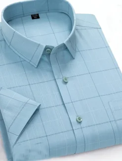 Sale OUKU Men's Dress Shirt Non Iron Shirt Stripes and Plaid Wedding Office & Career Light Blue Light Green Pink Navy Blue Short Sleeve Turndown All Seasons Clothing Apparel