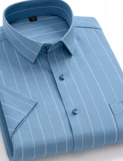 Sale OUKU Men's Dress Shirt Non Iron Shirt Stripes and Plaid Wedding Office & Career Light Blue Light Green Pink Navy Blue Short Sleeve Turndown All Seasons Clothing Apparel