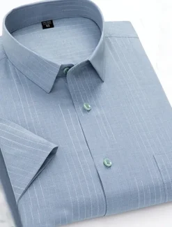 Sale OUKU Men's Dress Shirt Non Iron Shirt Stripes and Plaid Wedding Office & Career Light Blue Light Green Pink Navy Blue Short Sleeve Turndown All Seasons Clothing Apparel