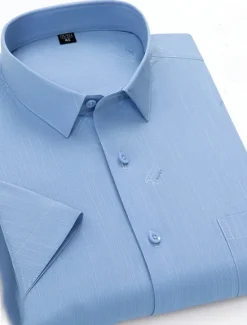 Sale OUKU Men's Dress Shirt Non Iron Shirt Stripes and Plaid Wedding Office & Career Light Blue Light Green Pink Navy Blue Short Sleeve Turndown All Seasons Clothing Apparel