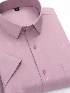 Sale OUKU Men's Dress Shirt Non Iron Shirt Stripes and Plaid Wedding Office & Career Light Blue Light Green Pink Navy Blue Short Sleeve Turndown All Seasons Clothing Apparel