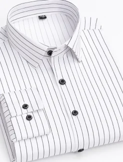 Online OUKU Men's Dress Shirt Non Iron Shirt Stripes and Plaid Wedding Office & Career Black White Light Green Wine Long Sleeve Turndown All Seasons Clothing Apparel