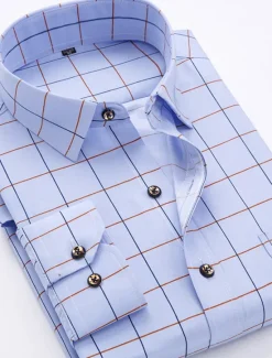 Best OUKU Men's Dress Shirt Non Iron Shirt Stretch Plaid / Striped / Chevron / Round Wedding Office & Career Light Pink Light Blue Black White Turndown Spring & Summer All Seasons Clothing Apparel