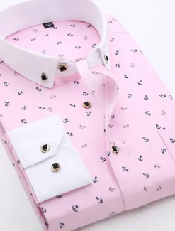 Best OUKU Men's Dress Shirt Non Iron Shirt Stretch Plaid / Striped / Chevron / Round Wedding Office & Career Light Pink Light Blue Black White Turndown Spring & Summer All Seasons Clothing Apparel