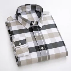 New OUKU Men's Dress Shirt Oxford Shirt Plaid Shirt Collared Shirt Plaid / Check Wedding Work White gray Wine Khaki Long Sleeve Turndown Spring & Fall Clothing Apparel Button-Down