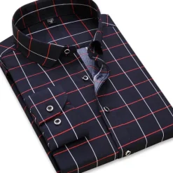 OUKU Men's Dress Shirt Plaid / Striped / Chevron / Round Wedding Office & Career Black Dark Navy Blue Long Sleeve Turndown All Seasons Clothing Apparel