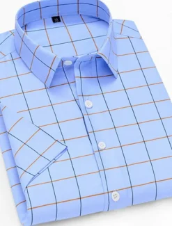 Online OUKU Men's Dress Shirt Plaid Shirt Collared Shirt Button Up Shirt Plaid / Check Wedding Daily Short Sleeve Clothing Apparel Print Blue