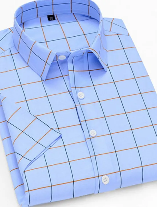Online OUKU Men's Dress Shirt Plaid Shirt Collared Shirt Button Up Shirt Plaid / Check Wedding Daily Short Sleeve Clothing Apparel Print Blue