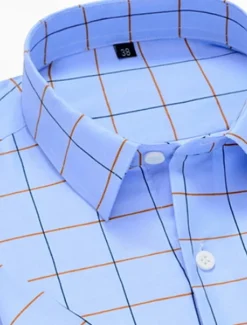 Online OUKU Men's Dress Shirt Plaid Shirt Collared Shirt Button Up Shirt Plaid / Check Wedding Daily Short Sleeve Clothing Apparel Print Blue
