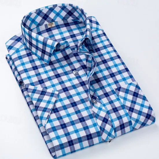 Hot OUKU Men's Dress Shirt Plaid Shirt Collared Shirt Button Up Shirt Plaid / Check Wedding Casual White Red Blue Orange Short Sleeve Turndown Summer Spring Clothing Apparel