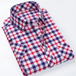 Hot OUKU Men's Dress Shirt Plaid Shirt Collared Shirt Button Up Shirt Plaid / Check Wedding Casual White Red Blue Orange Short Sleeve Turndown Summer Spring Clothing Apparel