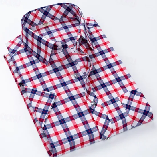 Hot OUKU Men's Dress Shirt Plaid Shirt Collared Shirt Button Up Shirt Plaid / Check Wedding Casual White Red Blue Orange Short Sleeve Turndown Summer Spring Clothing Apparel