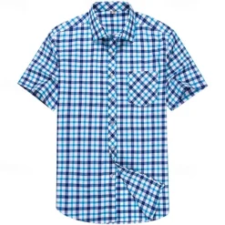 Hot OUKU Men's Dress Shirt Plaid Shirt Collared Shirt Button Up Shirt Plaid / Check Wedding Casual White Red Blue Orange Short Sleeve Turndown Summer Spring Clothing Apparel