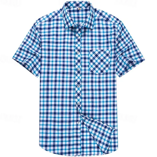 Hot OUKU Men's Dress Shirt Plaid Shirt Collared Shirt Button Up Shirt Plaid / Check Wedding Casual White Red Blue Orange Short Sleeve Turndown Summer Spring Clothing Apparel
