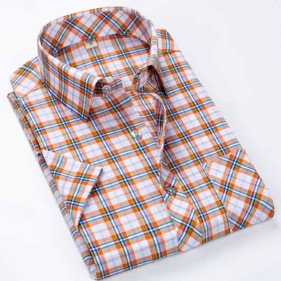 Hot OUKU Men's Dress Shirt Plaid Shirt Collared Shirt Button Up Shirt Plaid / Check Wedding Casual White Red Blue Orange Short Sleeve Turndown Summer Spring Clothing Apparel