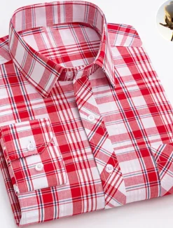 New OUKU Men's Dress Shirt Plaid Wedding Office / Career Light Yellow Light Blue Black Wine Long Sleeve Turndown Spring & Fall Clothing Apparel Front Pocket