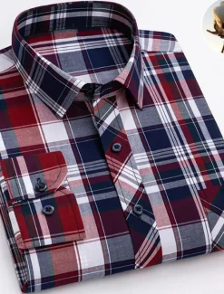 New OUKU Men's Dress Shirt Plaid Wedding Office / Career Light Yellow Light Blue Black Wine Long Sleeve Turndown Spring & Fall Clothing Apparel Front Pocket