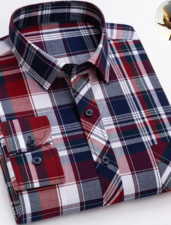 New OUKU Men's Dress Shirt Plaid Wedding Office / Career Light Yellow Light Blue Black Wine Long Sleeve Turndown Spring & Fall Clothing Apparel Front Pocket