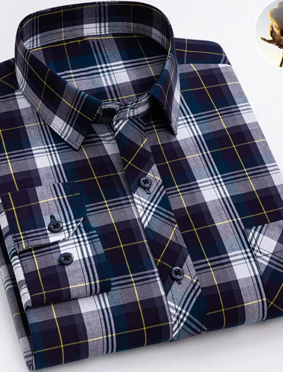 New OUKU Men's Dress Shirt Plaid Wedding Office / Career Light Yellow Light Blue Black Wine Long Sleeve Turndown Spring & Fall Clothing Apparel Front Pocket