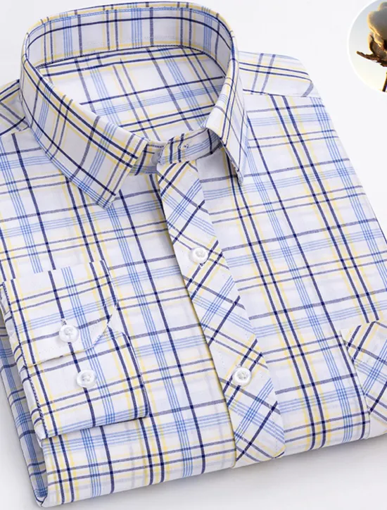 New OUKU Men's Dress Shirt Plaid Wedding Office / Career Light Yellow Light Blue Black Wine Long Sleeve Turndown Spring & Fall Clothing Apparel Front Pocket