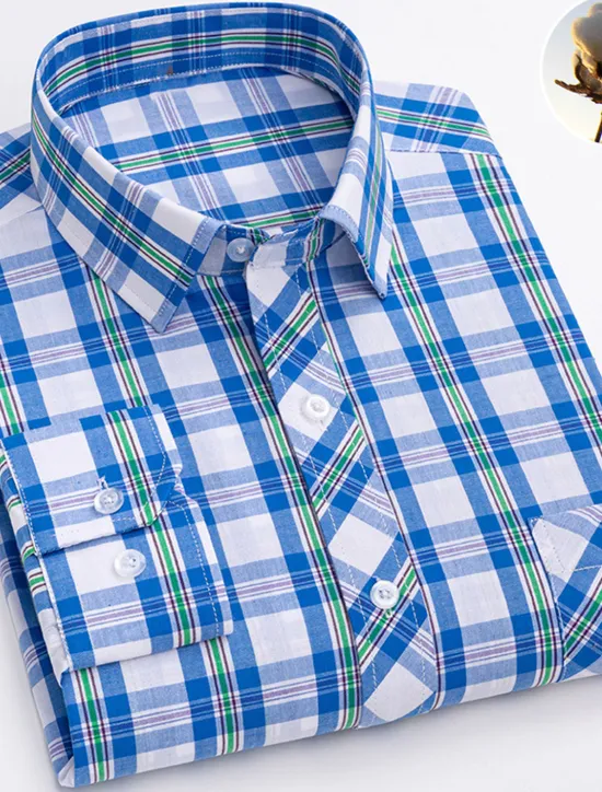 New OUKU Men's Dress Shirt Plaid Wedding Office / Career Light Yellow Light Blue Black Wine Long Sleeve Turndown Spring & Fall Clothing Apparel Front Pocket