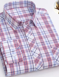 New OUKU Men's Dress Shirt Plaid Wedding Office / Career Light Yellow Light Blue Black Wine Long Sleeve Turndown Spring & Fall Clothing Apparel Front Pocket