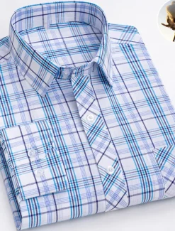 New OUKU Men's Dress Shirt Plaid Wedding Office / Career Light Yellow Light Blue Black Wine Long Sleeve Turndown Spring & Fall Clothing Apparel Front Pocket