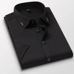 Hot OUKU Men's Dress Shirt Plain Wedding Outdoor Wine Black White Pink Short Sleeve Square Neck Summer Clothing Apparel Button-Down