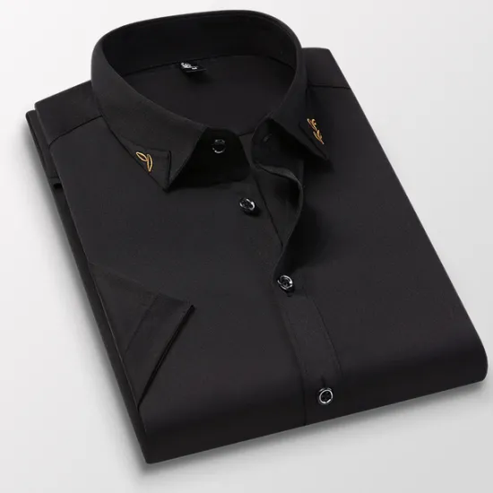 Hot OUKU Men's Dress Shirt Plain Wedding Outdoor Wine Black White Pink Short Sleeve Square Neck Summer Clothing Apparel Button-Down
