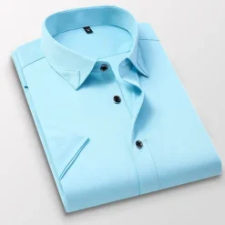 Hot OUKU Men's Dress Shirt Plain Wedding Outdoor Wine Black White Pink Short Sleeve Square Neck Summer Clothing Apparel Button-Down
