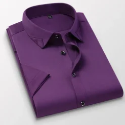 Hot OUKU Men's Dress Shirt Plain Wedding Outdoor Wine Black White Pink Short Sleeve Square Neck Summer Clothing Apparel Button-Down