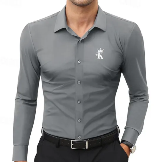 Clearance OUKU Men's Dress Shirt Printed Shirts Poker Street Wear to work Black White Gray Long Sleeve Turndown Spring & Summer Clothing Apparel Print