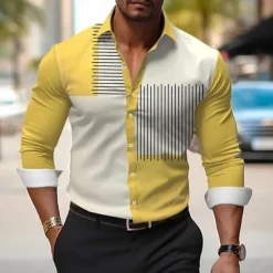 Outlet OUKU Men's Dress Shirt Printed Shirts Color Block Outdoor Wear to work Yellow Blue Purple Gray Long Sleeve Turndown Spring & Summer Clothing Apparel Print