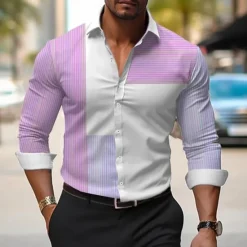 Discount OUKU Men's Dress Shirt Printed Shirts Stripe Outdoor Wear to work Violet Fuchsia Green Long Sleeve Turndown Spring & Summer Clothing Apparel Print